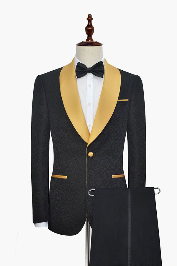 Gold Shawl Lapel One Button Wedding Tuxedo Black Jacquard Marriage Suits-Ballbella