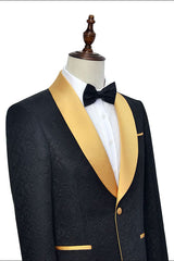 Gold Shawl Lapel One Button Wedding Tuxedo Black Jacquard Prom Suits-Ballbella