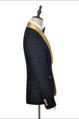 Gold Shawl Lapel One Button Wedding Tuxedo Black Jacquard Prom Suits-Ballbella