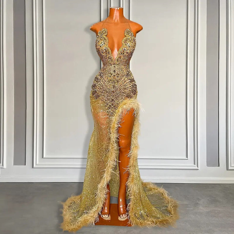 Gold Sleeveless Mermaid Prom Dress with Sequins High Slit and Feather Ballbella Gold Sleeveless Mermaid Prom Dress with Sequins High Slit and Feather Ballbella