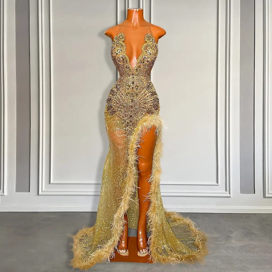 Gold Sleeveless Mermaid Prom Dress with Sequins High Slit and Feather Ballbella Gold Sleeveless Mermaid Prom Dress with Sequins High Slit and Feather Ballbella