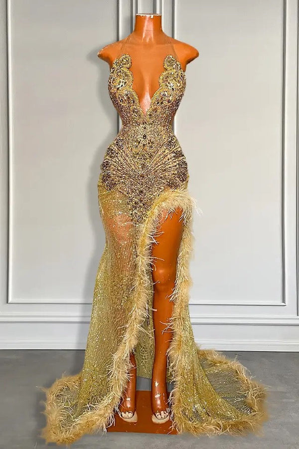 Gold Sleeveless Mermaid Prom Dress with Sequins High Slit and Feather Ballbella Gold Sleeveless Mermaid Prom Dress with Sequins High Slit and Feather Ballbella
