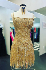 Gold Sparkle Tassels Lace-up Back Short Homecoming Dresses-Ballbella