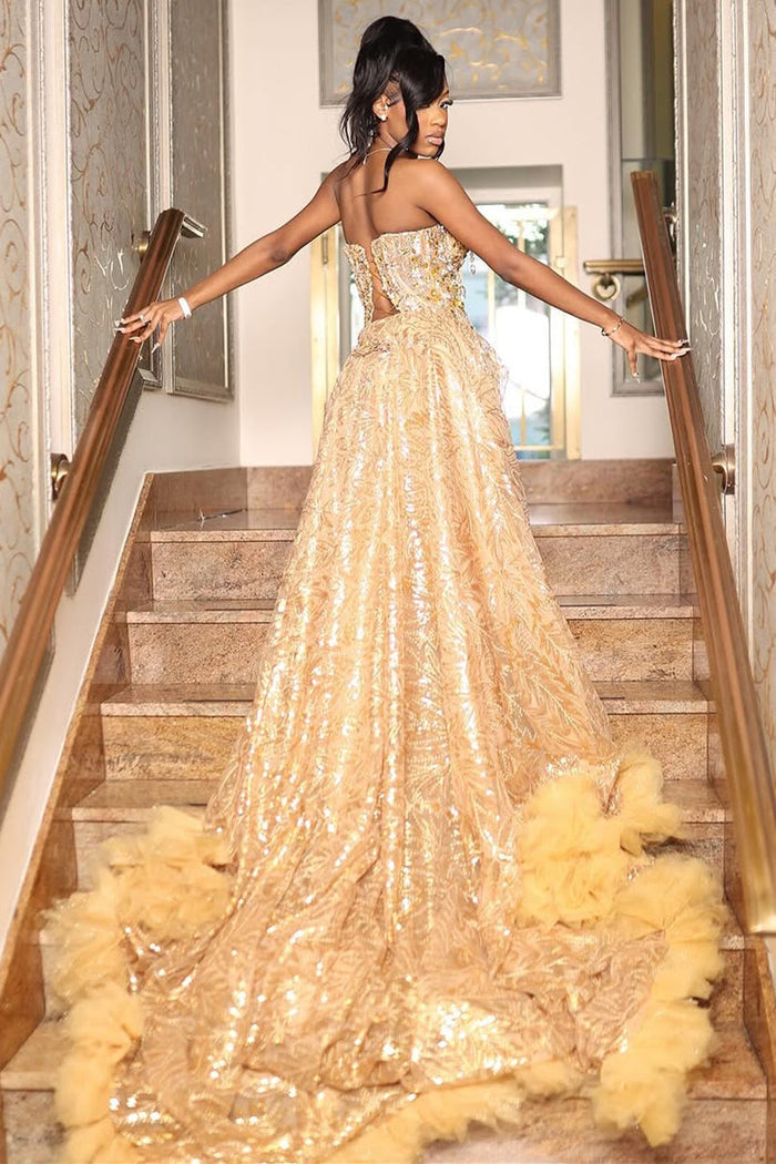 Gold Sweetheart Beaded Sparkles Court Train Flowers Prom Dresses Gold Sweetheart Beaded Sparkles Court Train Flowers Prom Dresses