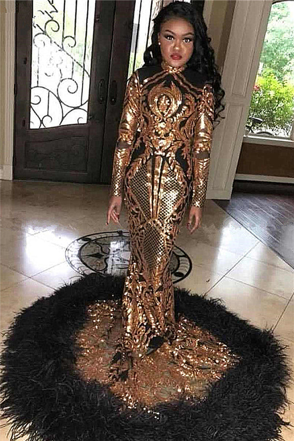 Ballbella offers Golden Appliques High Neck Long Sleevess Feather Train Mermaid Prom Dresses at a cheap price from Same as Picture,  to Mermaid Floor-length hem. Gorgeous yet affordable Long Sleevess Prom Dresses, Evening Dresses.