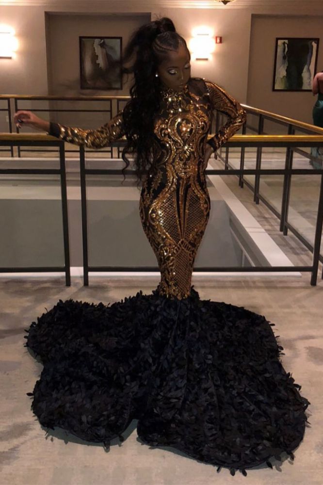Ballbella offers Golden Metallic Sequined Black High neck Mermaid Prom Party Gowns with Fur at a cheap price from Sequined to Mermaid Floor-length hem. Gorgeous yet affordable Long Sleevess Prom Dresses.