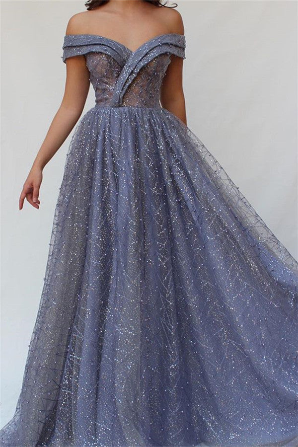 Ballbella offers all kinds of elegant off-the-shoudler evening dresses online,  sort by color,  neckline or fabric. Discover more styles A-Line Off-the-Shoulder Tulle Beaded Prom Dresses that will match you preferctly now.
