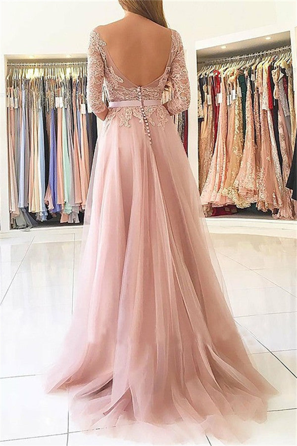 Still not know where to get your event dresses online? Ballbella offer you Gorgeous Applique Long Sleevess Prom Dresses Open Back Jewel Side Slit Evening Dresses with Belt at factory price,  fast delivery worldwide.