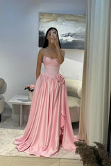 Gorgeous Baby Pink Sweetheart Satin Prom Dresses Sleeveless High Slit Gem With Pleats-Ballbella