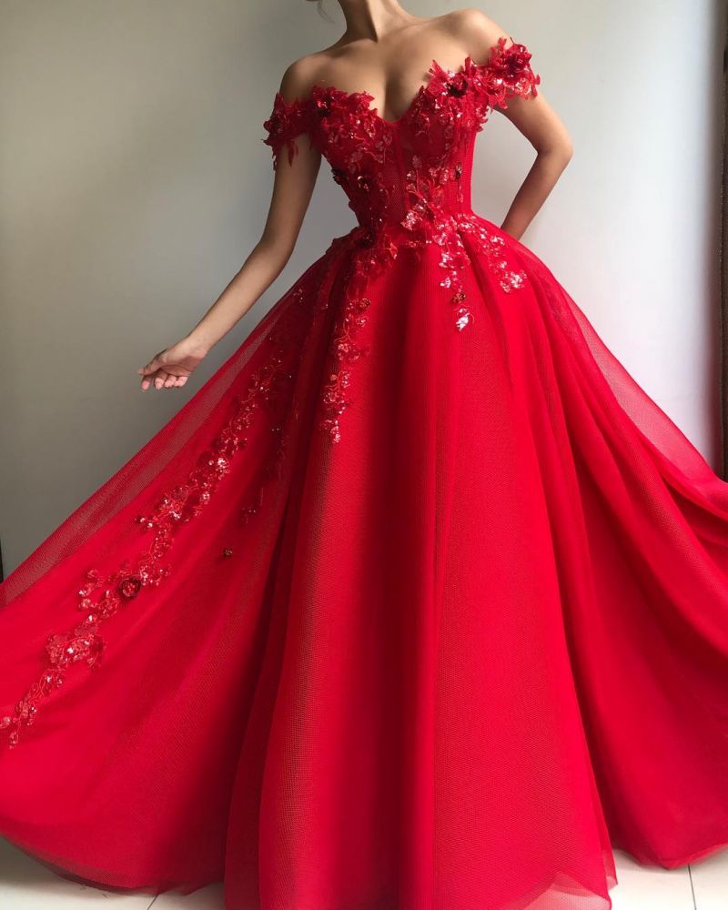 Still not know where to get your event dresses online? Ballbella offer you Gorgeous Ball Gown Off-the-Shoulder Applique Flowers Evening Dresses at factory price,  fast delivery worldwide.