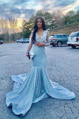 Looking for Prom Dresses, Evening Dresses in Sequined,  Mermaid style,  and Gorgeous Appliques, Sequined work? Ballbella has all covered on this elegant Gorgeous Beading Appliques Court Train Long Sleevess Mermaid Prom Dresses.