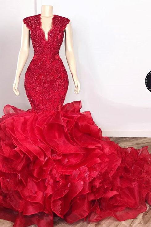 Gorgeous Beads Appliques Red Prom Dresses Ruffles Fit and Flare Alluri