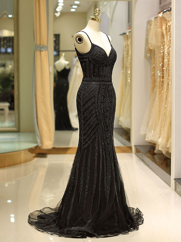 Black Evening Dresses Mermaid Luxury Heavy Beaded Straps Long Formal Evening Dress