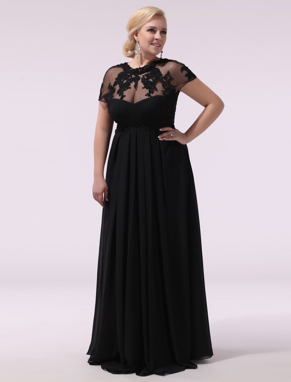 long black dress with short sleeves Gorgeous Black Evening Dresses Plus Size Evening Dress Chiffon Lace Applique Illusion Short Sleeves Floor Length Wedding Guest Dress