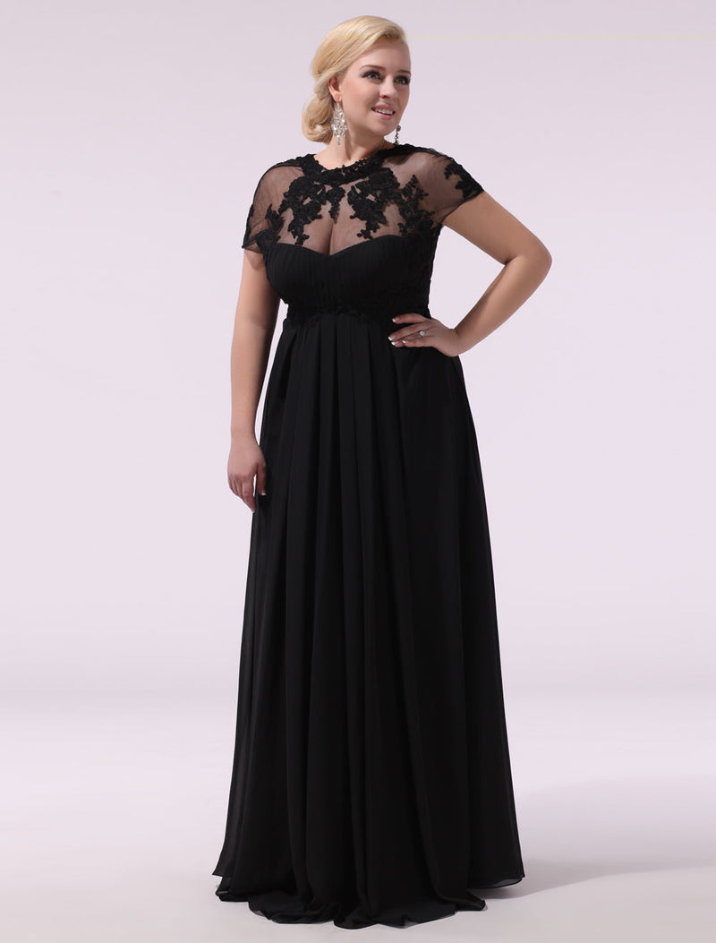 Black Evening Dresses Plus Size Evening Dress Chiffon Lace Applique Illusion Short Sleeves Floor Length Wedding Guest Dress 