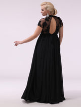 Black Evening Dresses Plus Size Evening Dress Chiffon Lace Applique Illusion Short Sleeves Floor Length Wedding Guest Dress 