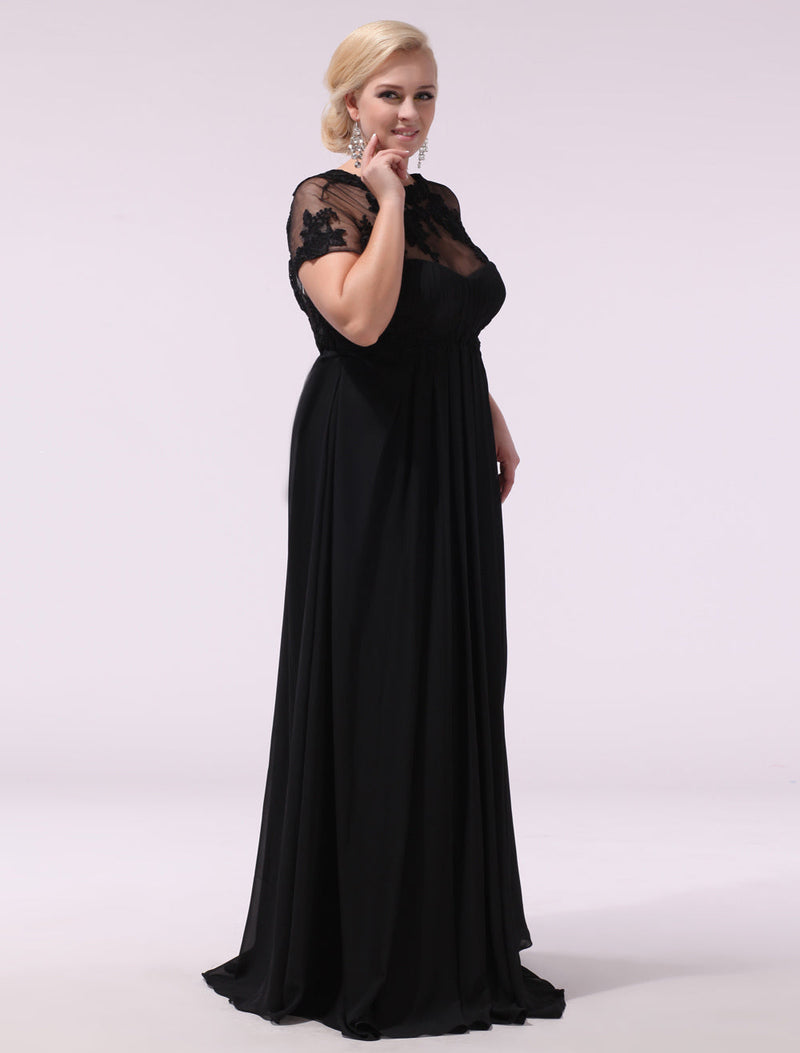 Black Evening Dresses Plus Size Evening Dress Chiffon Lace Applique Illusion Short Sleeves Floor Length Wedding Guest Dress Milanoo