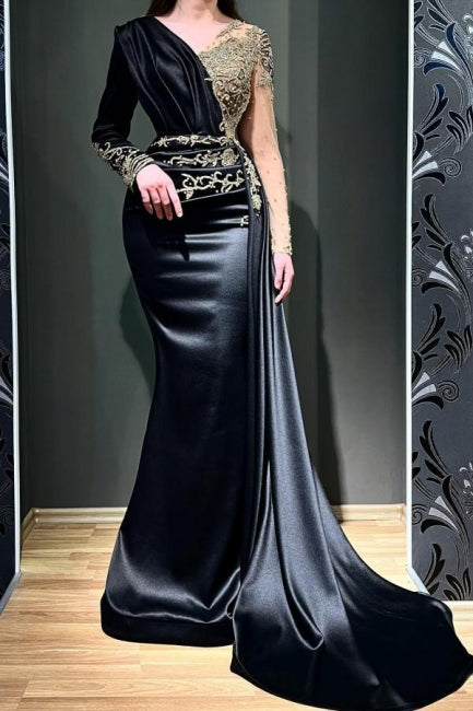 Gorgeous Black Long Sleeves Prom Dress Mermaid Lace Beadings Online-Ballbella