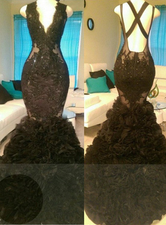 Ballbella offers Gorgeous Black Mermaid V-Neck Tulle Appliques Open-Back Prom Party Gowns at a cheap price from Tulle to Mermaid hem.. Gorgeous yet affordable Sleeveless Dresses.