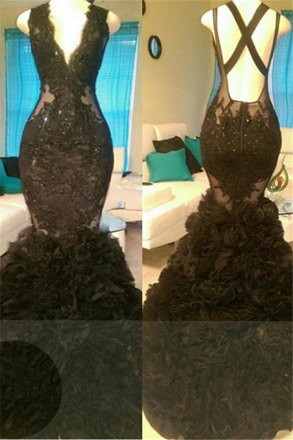 Gorgeous Black Mermaid V-Neck Tulle Appliques Open-Back Prom Party Gowns-Ballbella