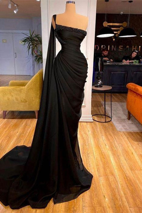 Gorgeous Black One Shoulder Mermaid Prom Dress Long Ruffles-Ballbella