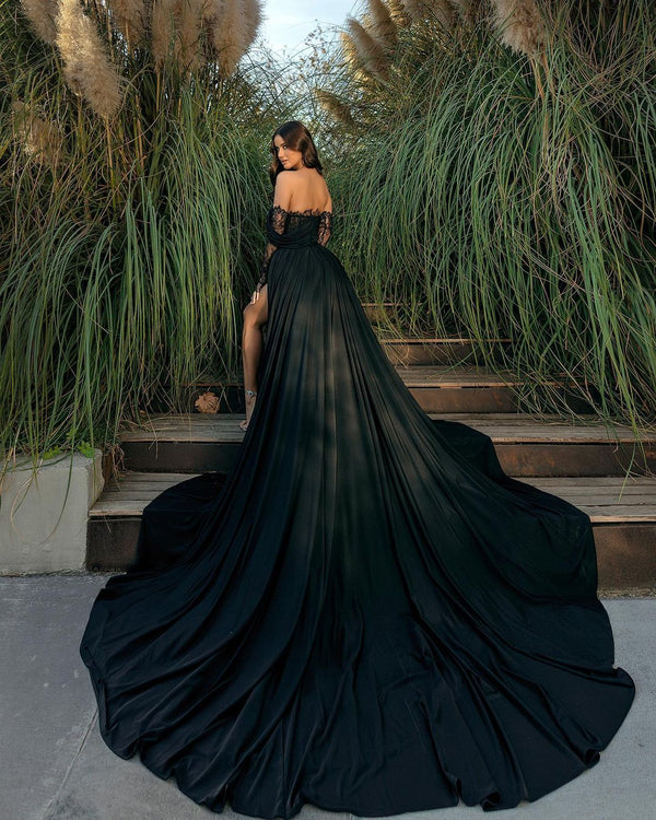 Gorgeous Black Prom Dress Off-the-Shoulder Holiday Dress Lace With Slit-Ballbella