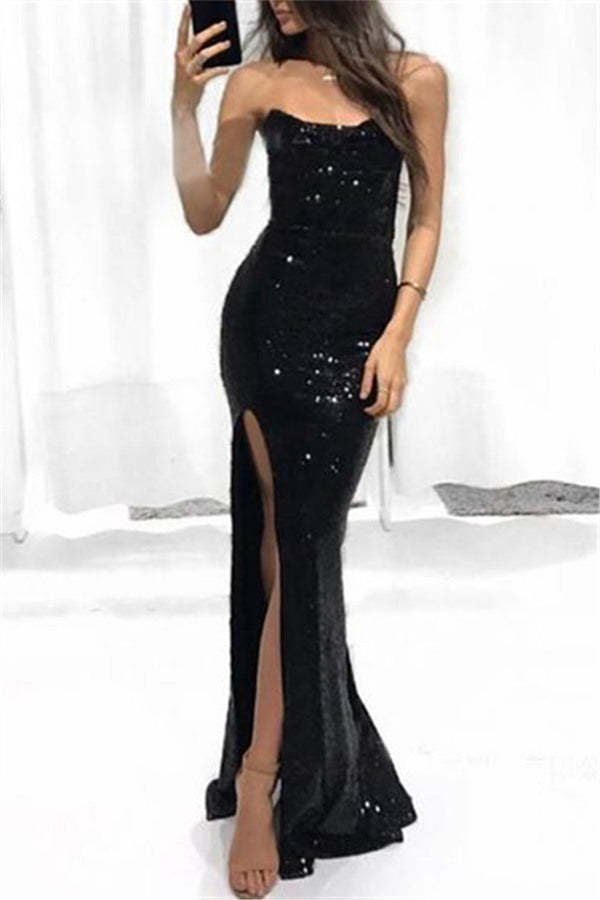 Gorgeous Black Strapless Front Split Evening Dress Long Party Gown-Ballbella