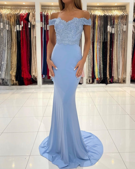 Gorgeous Blue Off-the-shoulder Mermaid Prom Dresses With Lace-Ballbella
