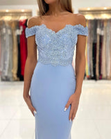 Gorgeous Blue Off-the-shoulder Mermaid Prom Dresses With Lace-Ballbella