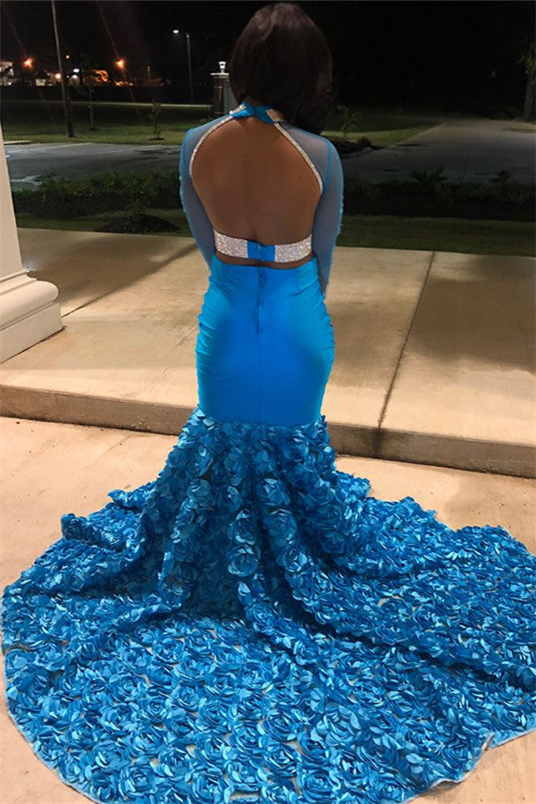 Still not know where to get your event dresses online? Ballbella offer you Gorgeous Blue Sheer Tulle Lone-Sleeves Flower Applique Mermaid Prom Dresses at factory price,  fast delivery worldwide.