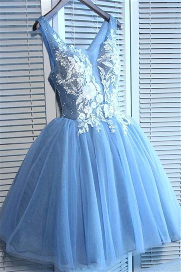 Gorgeous Blue Short Homecoming Dresses V-Neck Lace-Up Hoco Dresses-Ballbella