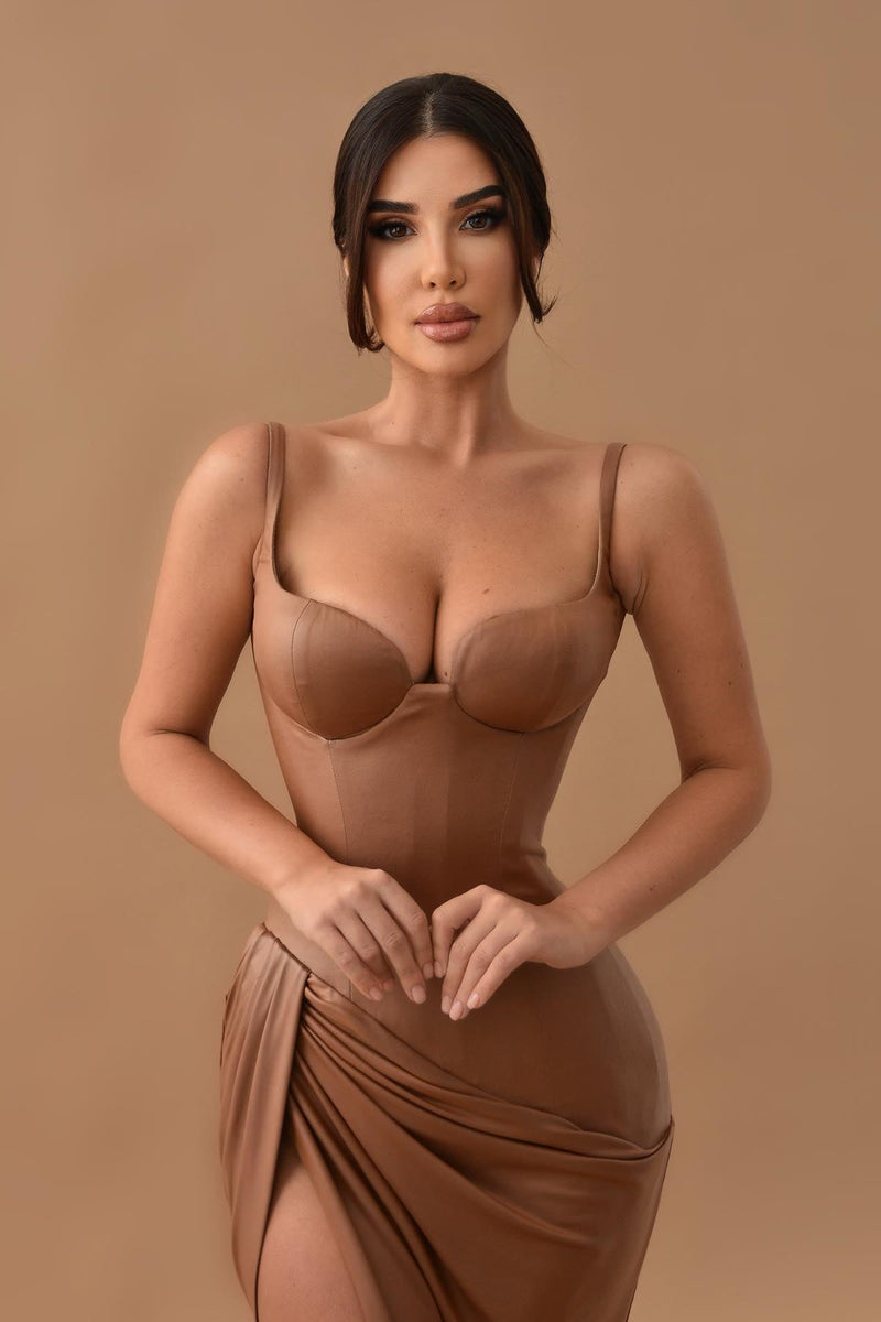 Gorgeous Brown Mermaid Prom Dress with Split Long Sleeveless-Ballbella