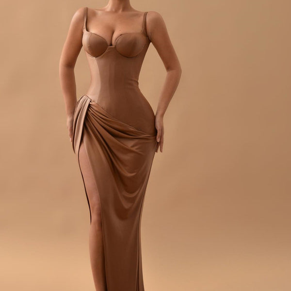 mermaid brown prom dresses Gorgeous Brown Mermaid Prom Dress with Split Long Sleeveless