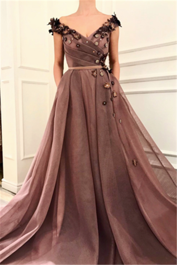 Gorgeous Brown Prom Party Gowns| V-Neck Ball Gown Evening Gowns-Ballbella