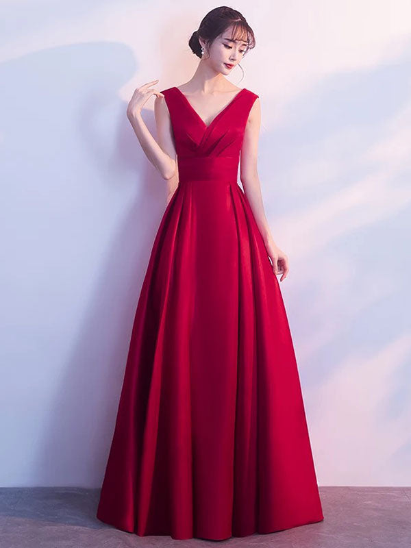 Burgundy Evening Dresses Long V Neck Sleeveless Pleated A Line Floor Length Evening Dress, fast delivery worldwide.