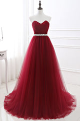 Gorgeous Burgundy Sweetheart Long Prom Dress Tulle Crystal Evening Gown-Ballbella