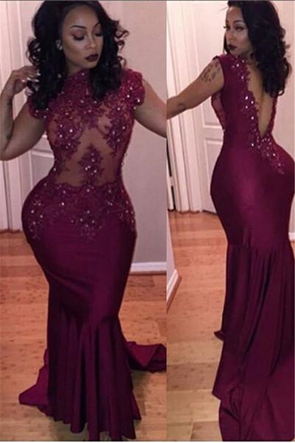 Gorgeous Cap Sleeve Burgundy Prom Party GownsMermaid With Lace Appliques-Ballbella