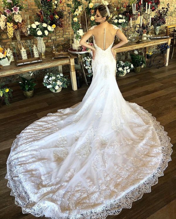 Gorgeous Cap Sleeves Mermaid Wedding Dress Lace Bridal Wear With Zipper Back-Ballbella
