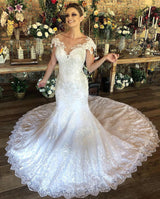 Gorgeous Cap Sleeves Mermaid Wedding Dress Lace Bridal Wear With Zipper Back-Ballbella