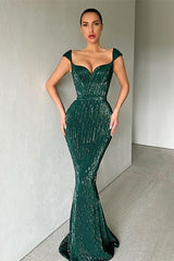 Gorgeous Cap Sleeves Sequins Mermaid Evening Dress Long Sweetheart-Ballbella