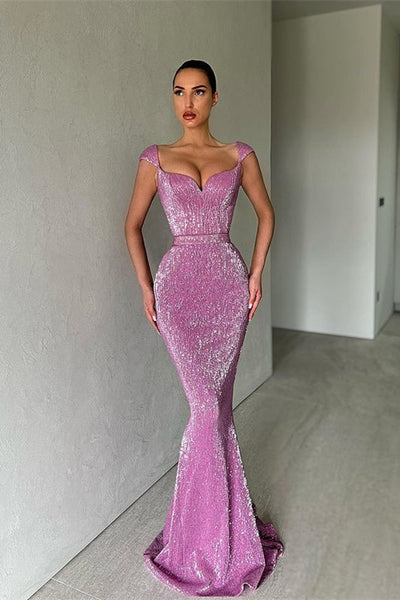 cap sleeve sequin long dress Gorgeous Cap Sleeves Sequins Mermaid Evening Dress Long Sweetheart