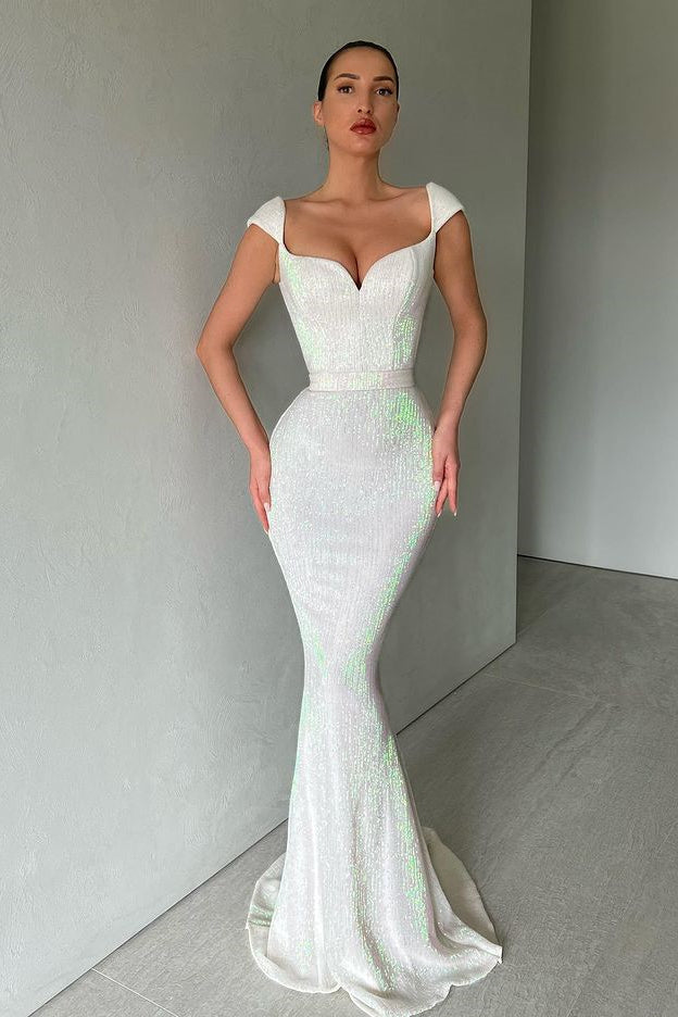 Gorgeous Cap Sleeves Sequins Mermaid Evening Dress Long Sweetheart-Ballbella