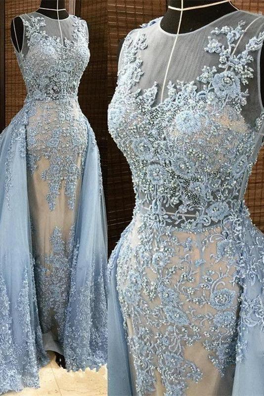 Gorgeous Column Sleleveless Long Evening Dresses Lace Appliques Beading Chic Prom Party Gowns with Overskirt-Ballbella