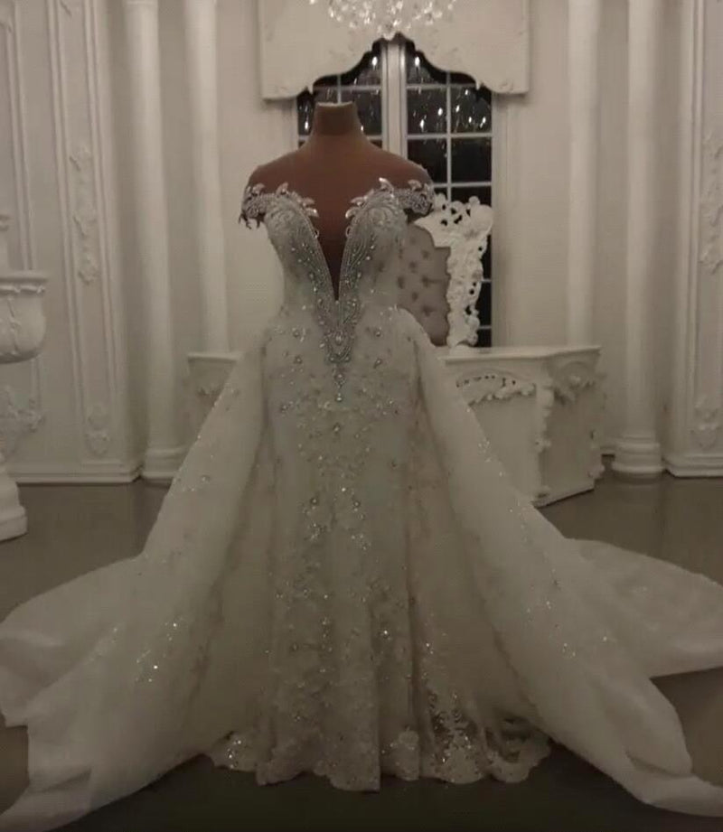 Gorgeous Crystal Lace Off-the-Shoulder V-neck Beading Wedding