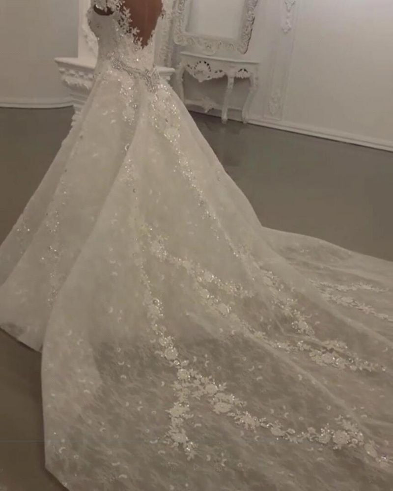 Gorgeous Crystal Lace Off-the-Shoulder V-neck Beading Wedding