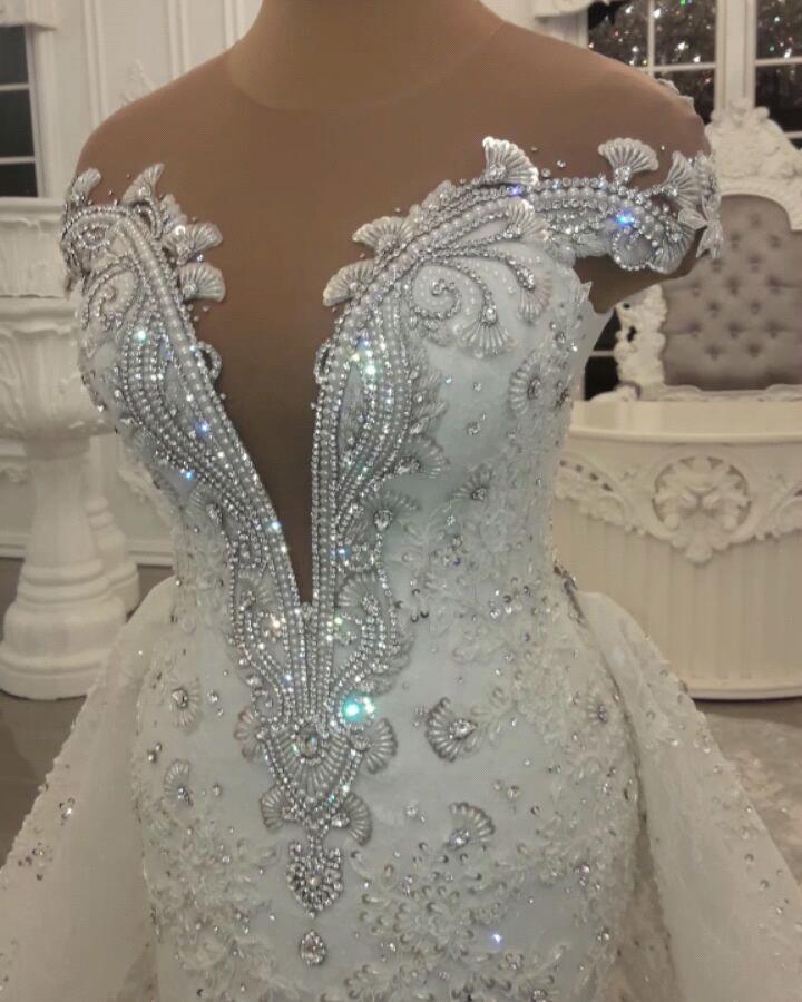 Gorgeous Crystal Lace Off-the-Shoulder V-neck Beading Wedding Dresses with Detachable Overskirt Gorgeous Crystal Lace Off-the-Shoulder V-neck Beading Wedding Dresses with Detachable Overskirt