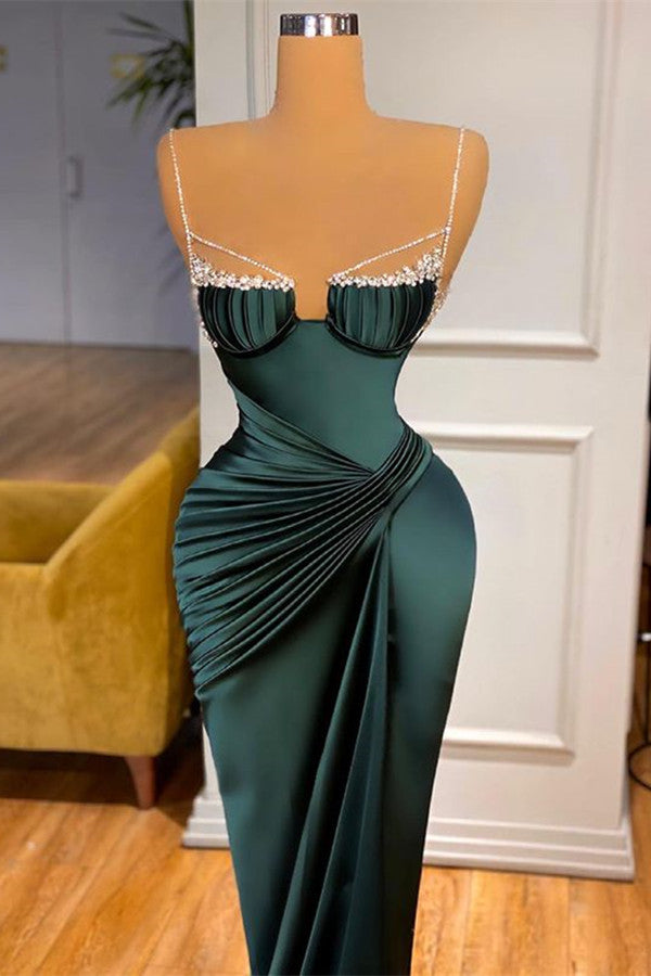 Gorgeous Dark Green Spaghetti-Straps Mermaid Prom Dress With Beadings-Ballbella
