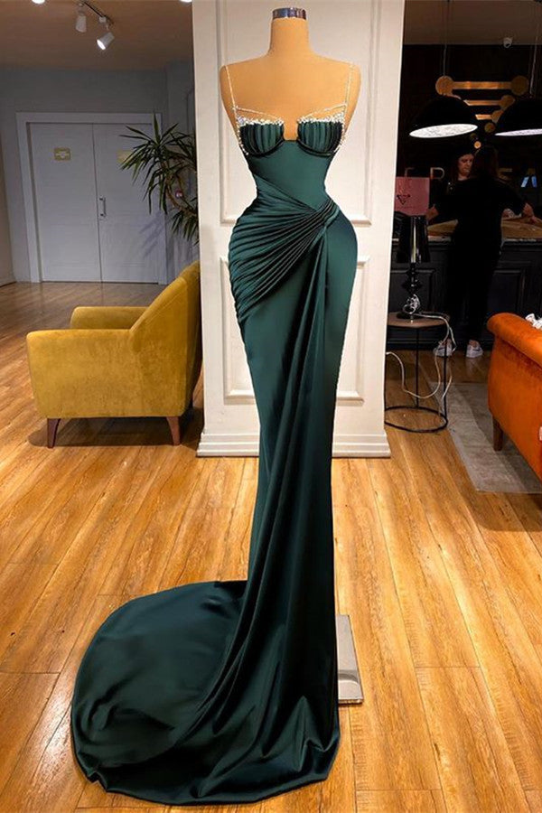 Gorgeous Dark Green Spaghetti-Straps Mermaid Prom Dress With Beadings-Ballbella
