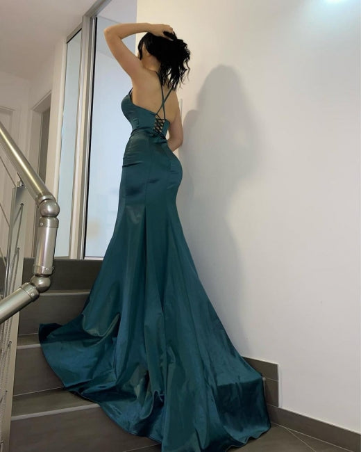 Gorgeous Dark Green V-neck Prom Dresses Long Mermaid-Ballbella