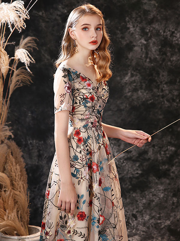 Gorgeous Evening Dress A-Line Jewel Neck Lace Tea-Length Social Pageant Dresses-Ballbella